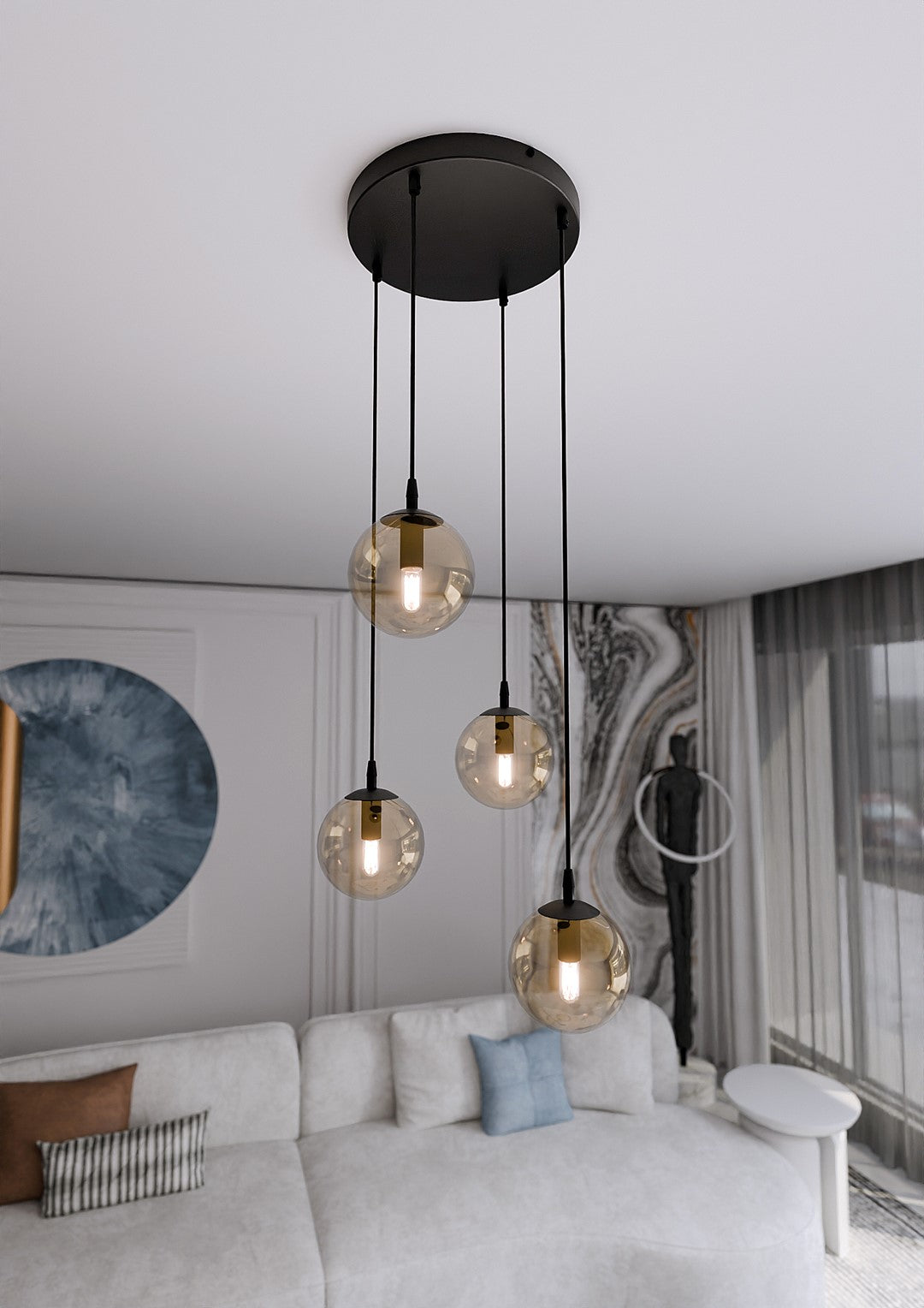 COSMO 4 Pendellampe – Sort & Ravfarvet Glas | Emibig