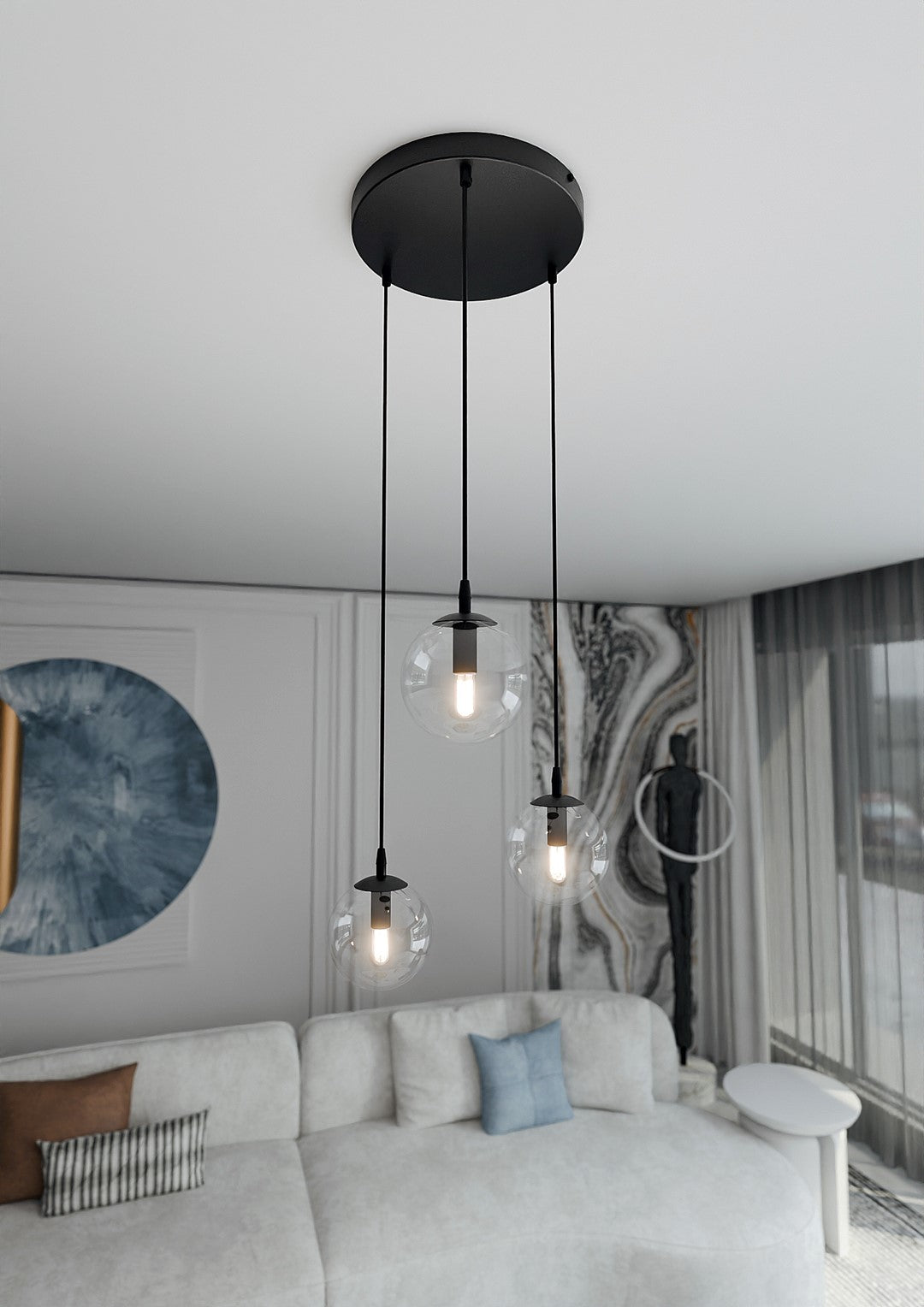 COSMO 3 PREMIUM Pendellampe – Sort & transparent Glas | Emibig