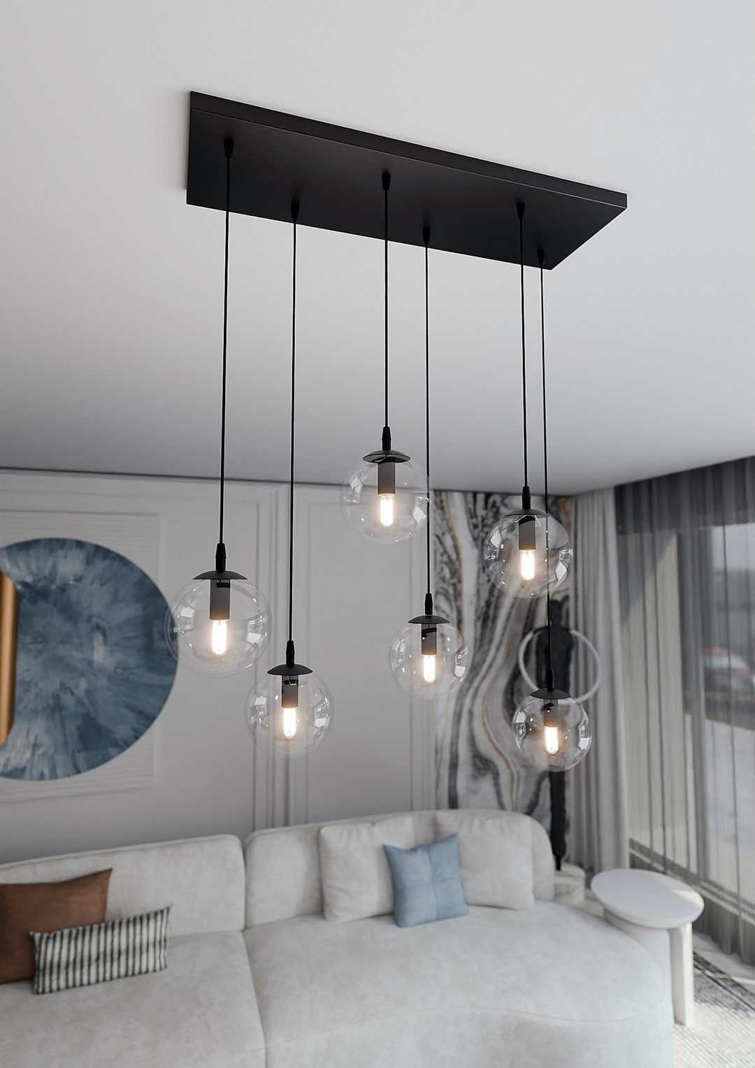 COSMO 6 Pendellampe – Sort & transparent Glas | Emibig