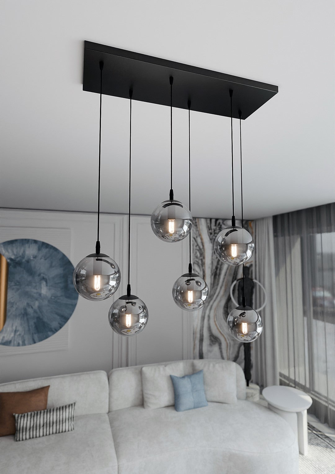 COSMO 6 Pendellampe – Sort & Grafitfarvet Glas | Emibig