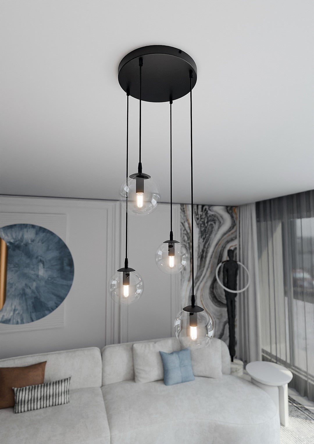 COSMO 4 PREMIUM Pendellampe – Sort & transparent Glas | Emibig
