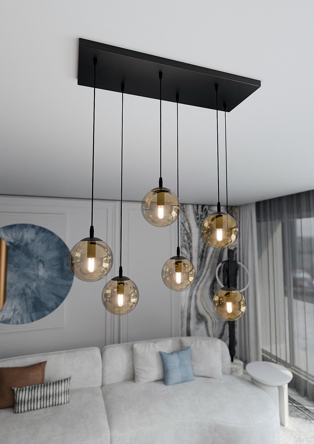 COSMO 6 Pendellampe – Sort & Ravfarvet Glas | Emibig