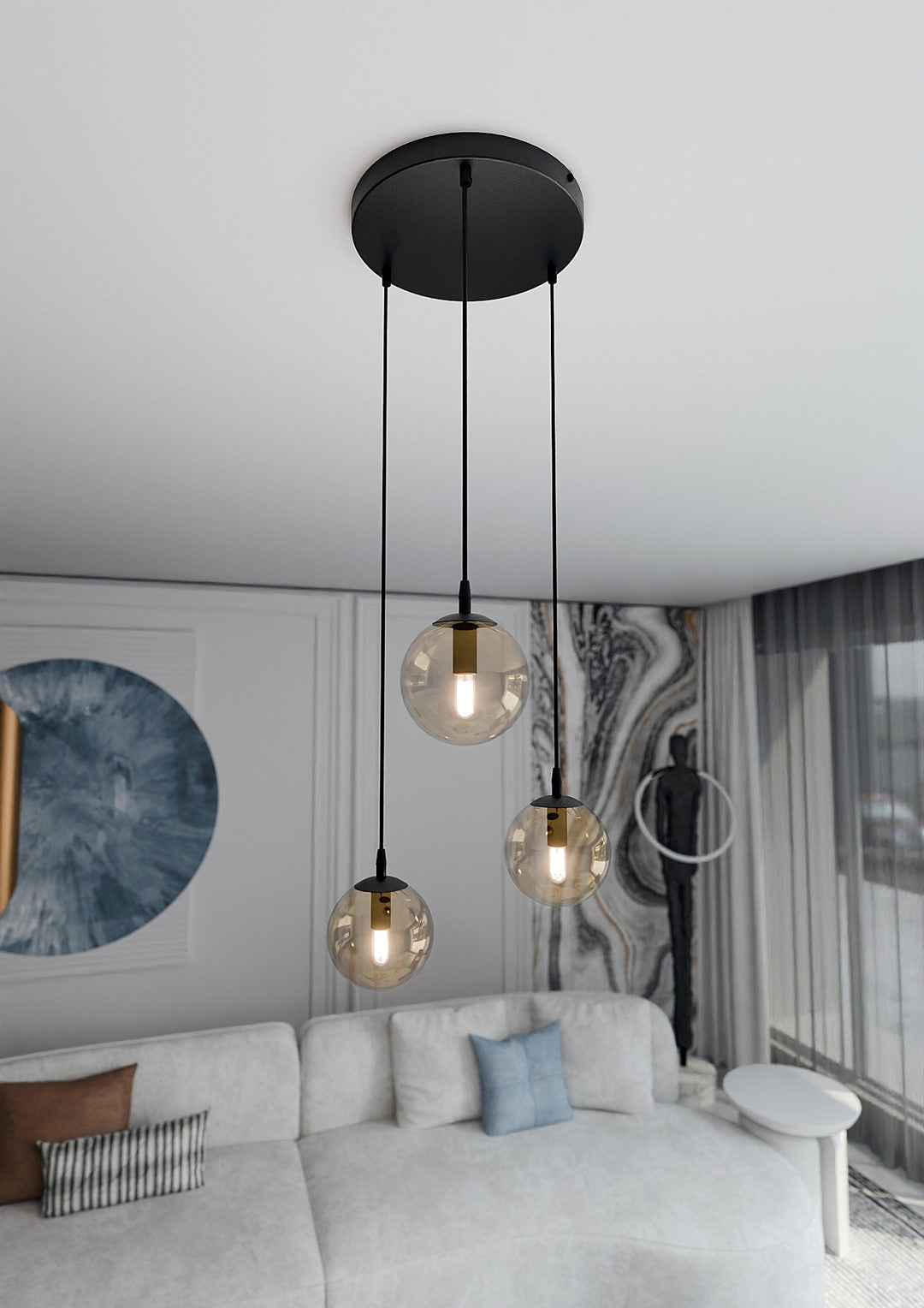 COSMO 3 PREMIUM Pendellampe – Sort & Ravfarvet Glas | Emibig