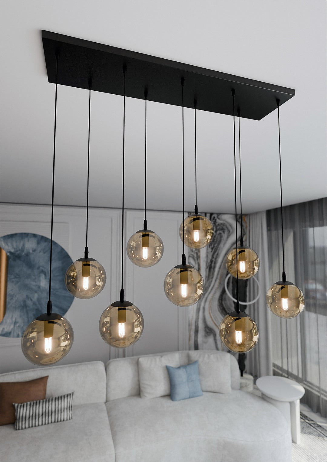 COSMO 9 Pendellampe – Sort & Ravfarvet Glas | Emibig