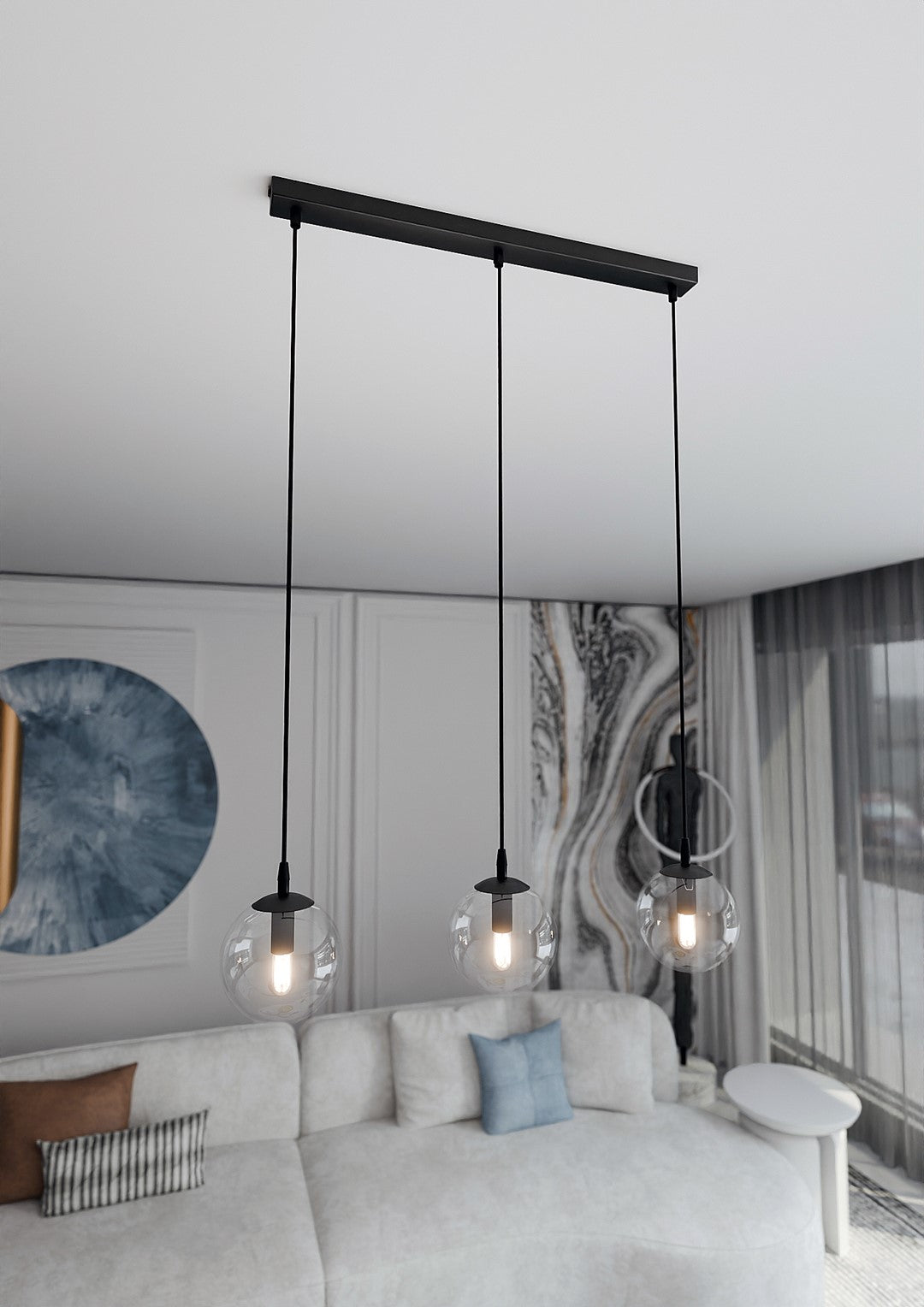 COSMO 3 Pendellampe – Sort & transparent Glas | Emibig