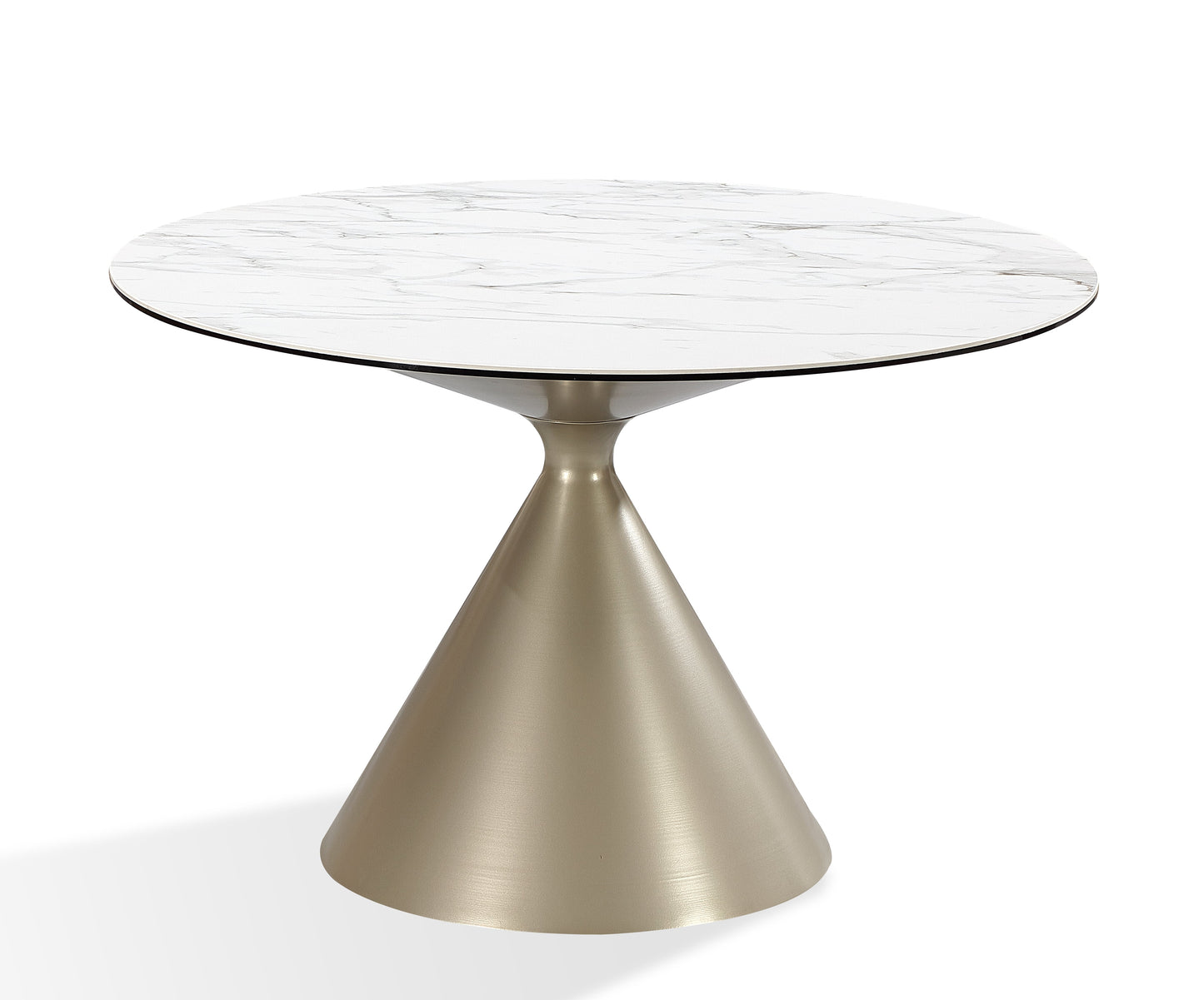 Winston - Rundt spisebord med sten top og metal base i hvid og champagne.