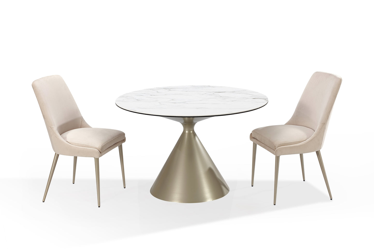 Winston - Rundt spisebord med sten top og metal base i hvid og champagne.
