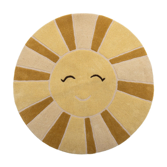 Sun tæppe Ø110 cm i uld – rundt børnetæppe med solmotiv fra Bloomingville MINI