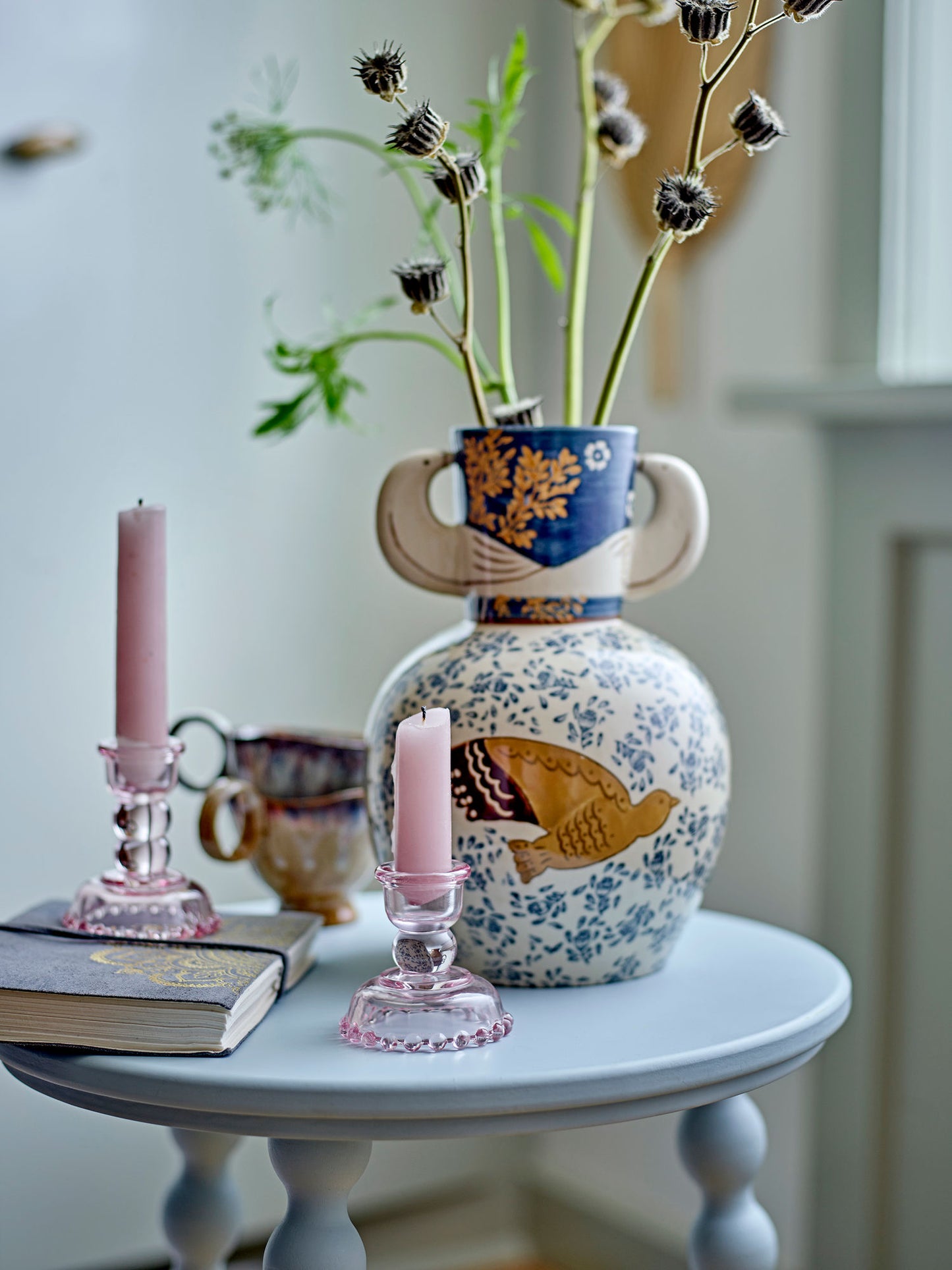 Bloomingville Hezha Vase – Blå Stentøj med Hånddekoreret Fuglemotiv