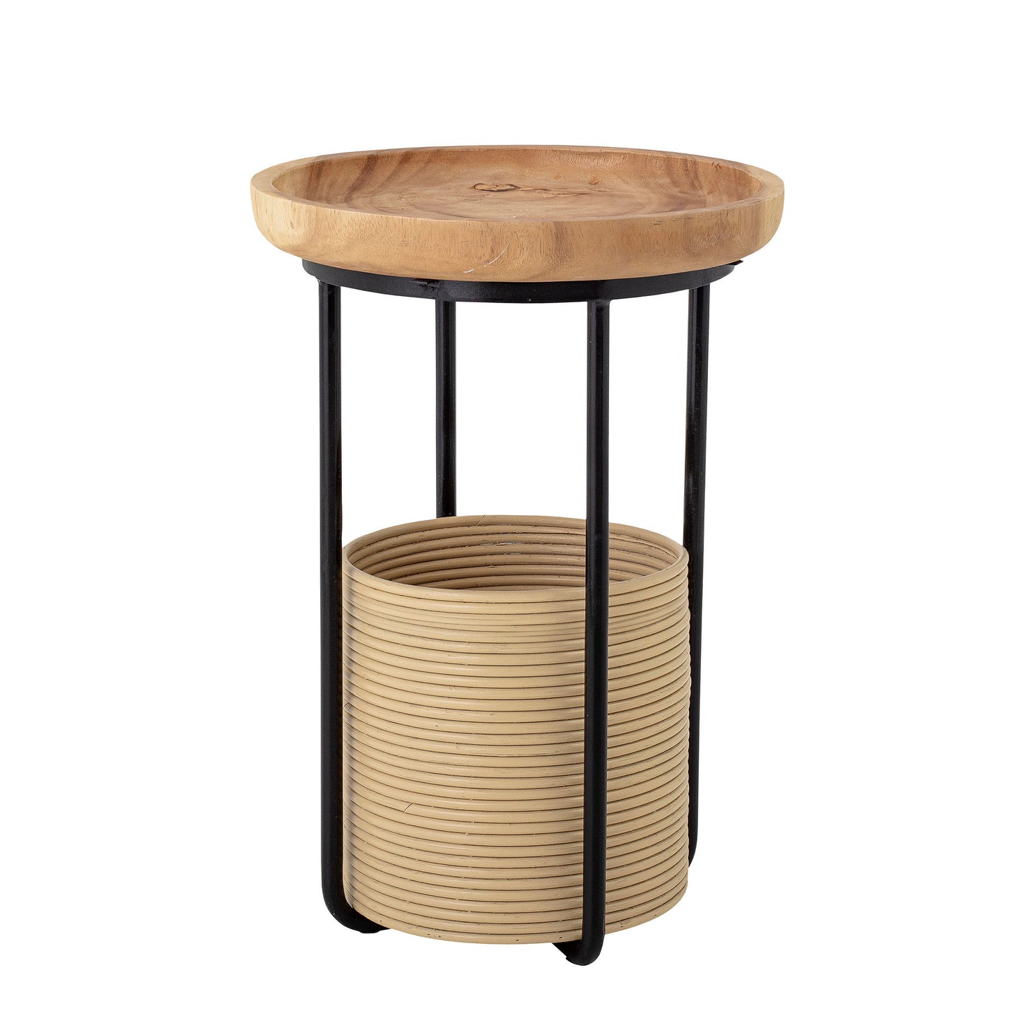 Hitti Sidebord i Suar-træ, Rattan og Jern – Bloomingville Rundt Sidebord med Kurv (D45 x H60 cm)