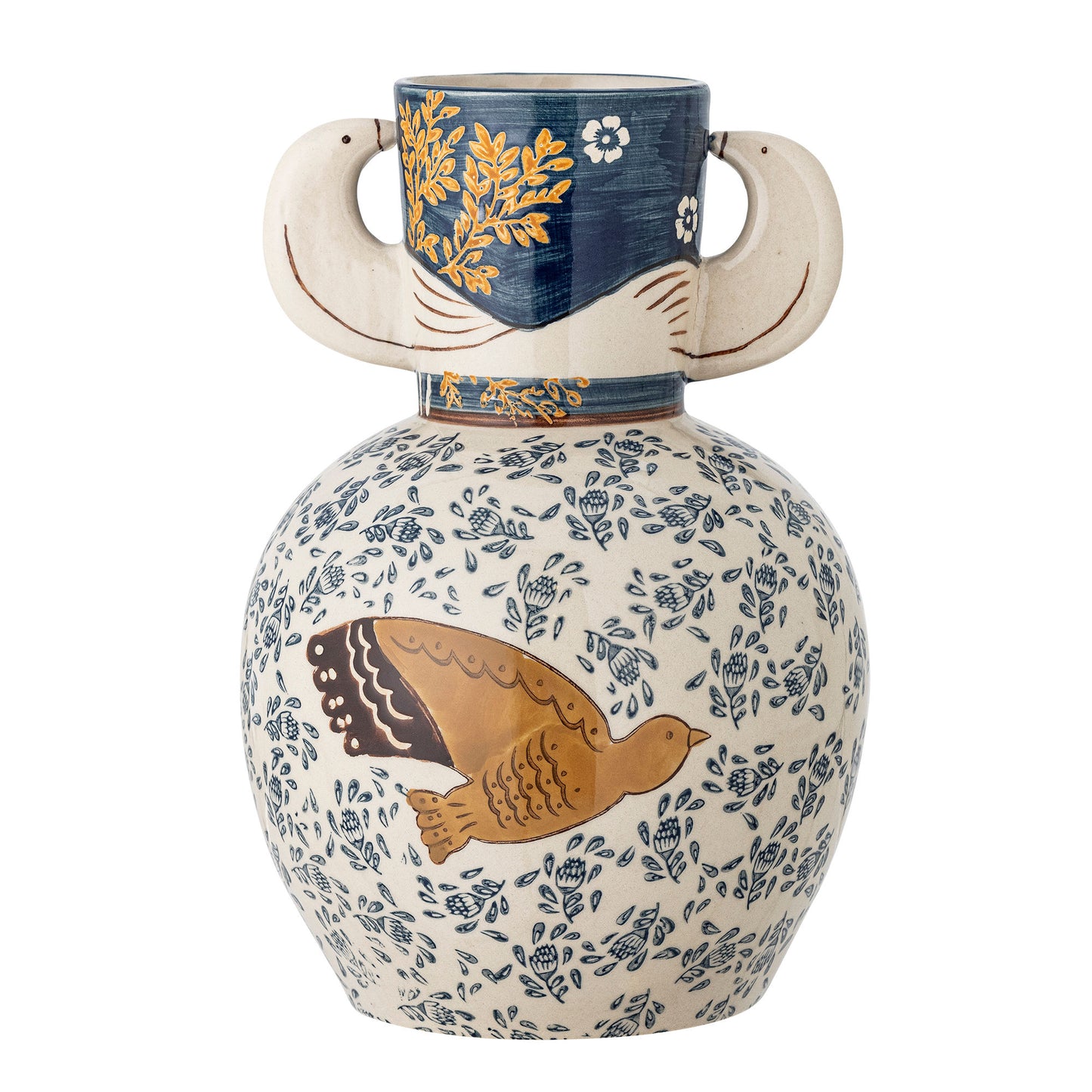 Bloomingville Hezha Vase – Blå Stentøj med Hånddekoreret Fuglemotiv