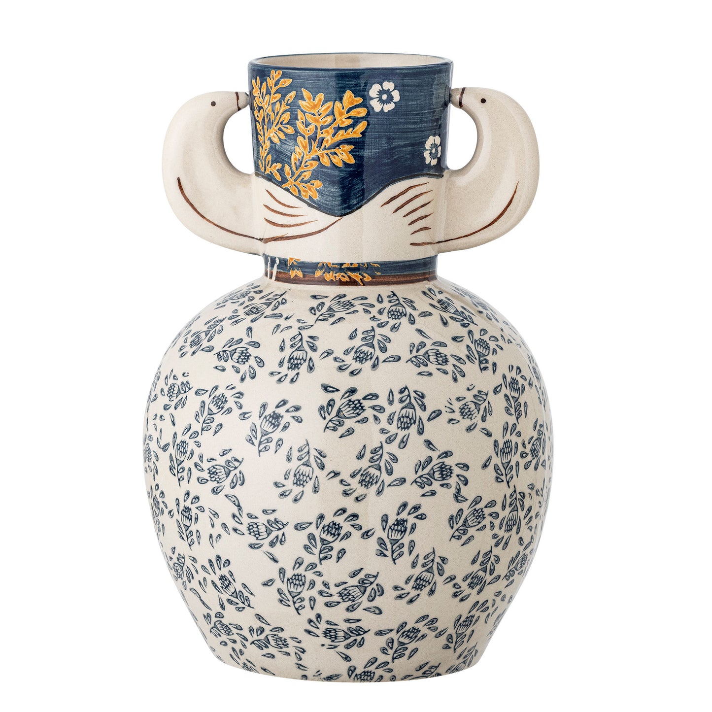 Bloomingville Hezha Vase – Blå Stentøj med Hånddekoreret Fuglemotiv