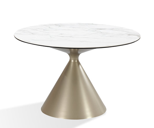 Winston - Rundt spisebord  med sten top og metal base i hvid og champagne.