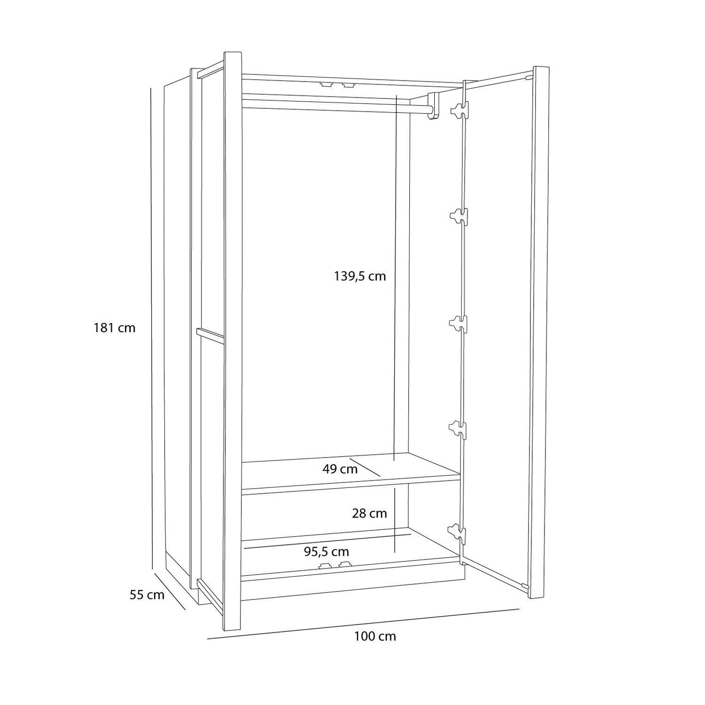 Hübsch KKura klædeskab i egetræ 100x55xH181 cm – FSC-certificeret garderobe med bøjlestang
