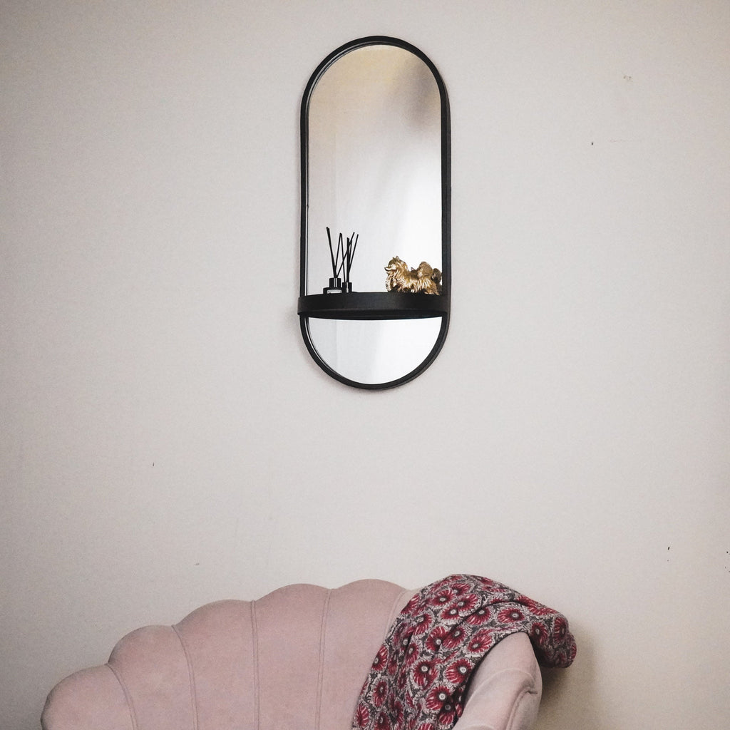 Spejl - Metal - Sort - med hylde - 30x15x70cm